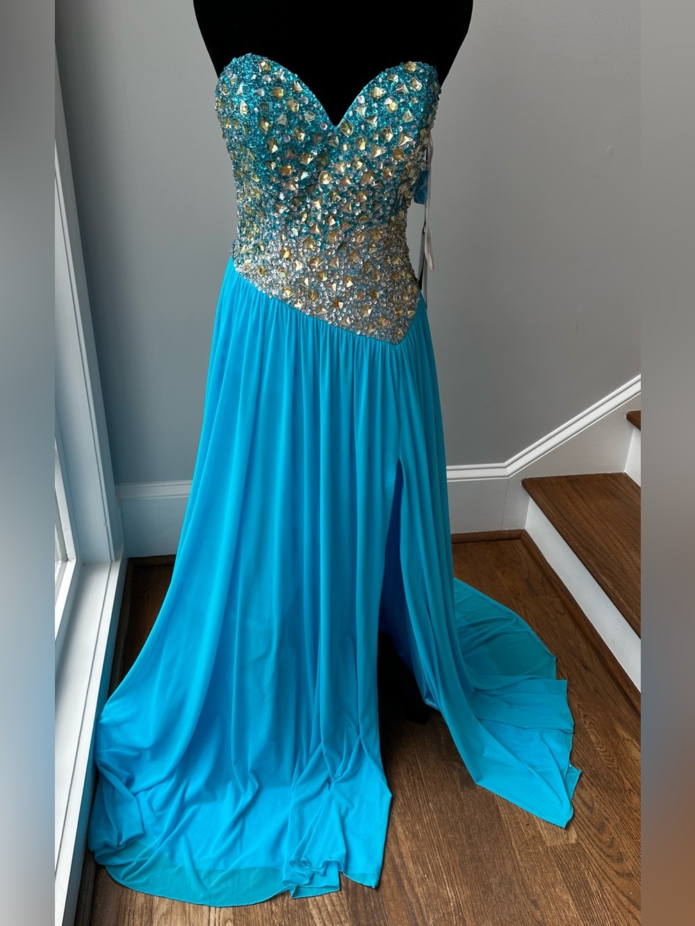 NWT Terani Strapless Beaded Turquoise Aqua Blue Evening Gown